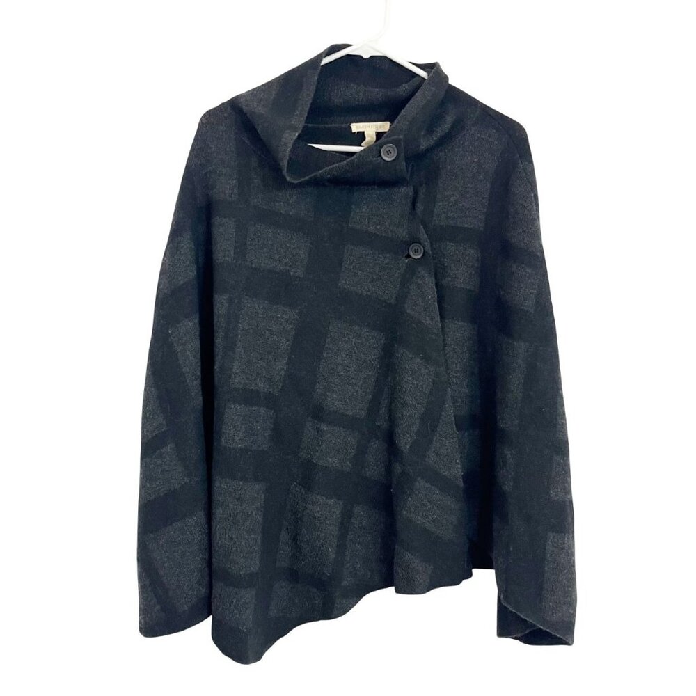 Eileen Fisher Black Gray Square Print Poncho Sweater Cape Merino Wool - One Size